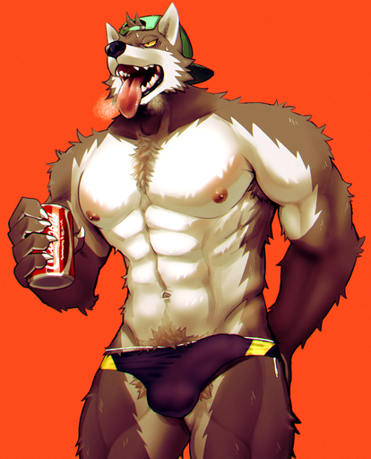 anthro armpit_hair balls_outline beverage body_hair bulge canid canine canis clothing cola detailed_bulge fan_character fur genital_outline grey_body grey_fur hat headgear headwear hi_res k0bit0wani male mammal penis_outline red_background simple_background soda solo tongue tongue_out underwear wolf // 1538x1900 // 3.8MB