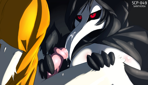 beak big_breasts bodily_fluids breasts clothing cum d-class duo female genital_fluids genitals hi_res humanoid male malefemale orange_clothing penis plague_doctor saintversa scp-049 scp_foundation unknown_species // 2840x1640 // 1.8MB