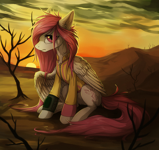 clothed clothing cutie_mark detailed_background equid equine eyelashes feathered_wings feathers female feral fur hair hioshiru hooves horse looking_at_viewer mammal pegasus pink_hair sitting sky solo sun tan_body tan_feathers tan_fur video_games wastes wings // 934x882 // 1.1MB