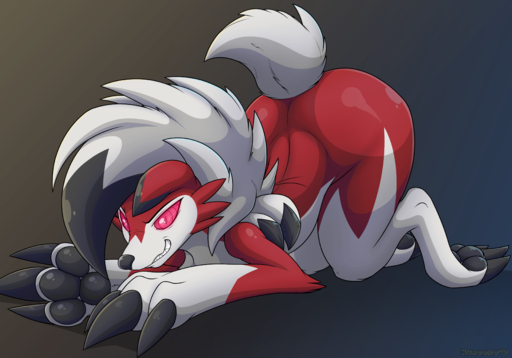 2018 absurd_res all_fours ambiguous_gender anthro ass_up black_nose butt canid canine claws fur generation_7_pokemon hair hi_res kuroodod looking_at_viewer lycanroc mammal midnight_lycanroc nude pawpads pokemon_(species) pose raised_tail red_body red_eyes red_fur simple_background smile solo video_games white_body white_fur white_hair // 4000x2800 // 2.7MB