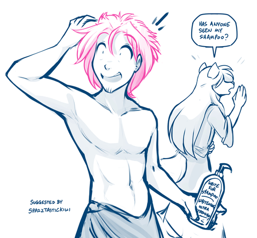 2021 anthro canid canine canis clothed clothing conditional_dnp database_error_(twokinds) dialogue duo english_text hair hi_res holding_object human keidran mammal monochrome navel open_mouth pink_hair raine_silverlock restricted_palette shampoo sketch solo_focus surprise text tom_fischbach topless topless_male towel towel_only twokinds webcomic wolf // 1361x1261 // 591.5KB
