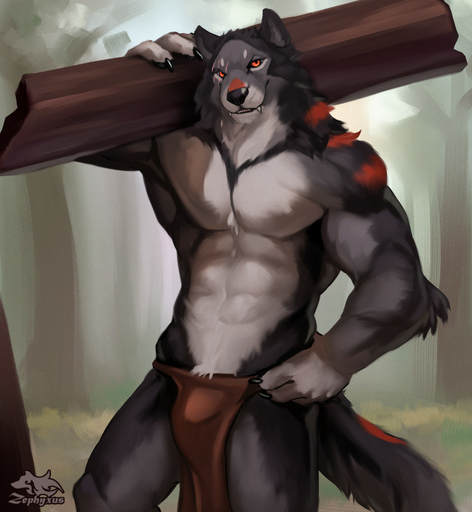 2021 abs anthro biceps bottomwear bulge canid canine canis claws clothed clothing eye_scar facial_scar fangs finger_claws forest fur grey_body grey_fur hand_on_hip holding_log holding_object log loincloth looking_at_viewer male mammal multicolored_body multicolored_fur muscular muscular_anthro muscular_male open_mouth outside pecs pinup plant portrait pose red_body red_eyes red_fur scar sharp_teeth signature skimpy solo standing teeth three-quarter_portrait tree triceps two_tone_body two_tone_fur were werecanid werecanine werewolf wolf wood zephyxus // 921x1000 // 153.2KB