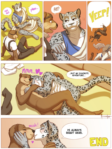 2014 3:4 anthro anthro_on_anthro clothing comic dialogue digital_media_(artwork) duo english_text felid hi_res kissing lutrine male malemale mammal meesh mustelid my_favorite_adventure speech_bubble text undressing unknown_character // 900x1200 // 879.9KB