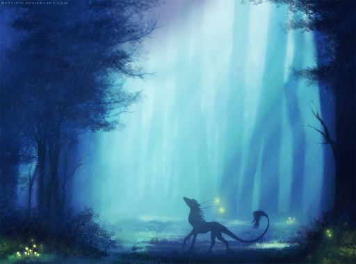 ambiguous_gender day detailed_background feral forest fur grass hair neytirix nude outside plant raining silhouette solo standing tree unknown_species // 1177x875 // 253.6KB