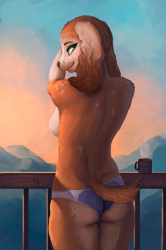 2017 anthro bird_dog breasts brown_body brown_fur butt canid canine canis clothed clothing cocker_spaniel cup digital_media_(artwork) digital_painting_(artwork) domestic_dog female fur green_eyes hi_res hunting_dog looking_at_viewer looking_back mammal mountain outside panties photonoko rear_view smile solo spaniel topless underwear // 1533x2300 // 2.1MB