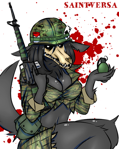 2019 abstract_background absurd_res ace_of_spades anthro ar-15 armor assault_rifle black_body black_fur black_hair blood blood_splatter bodily_fluids bone bottomwear breasts camo canid canine canteen card cigarette cleavage clothed clothing crouching demon english_text explosives female fur g.i._(military) grenade gun hair headgear helmet hi_res holding_gun holding_object holding_weapon m16 malo mammal midriff military military_uniform navel notched_ear playing_card portrait pose ranged_weapon rifle saintversa scp-1471 scp-1471-a scp_foundation shorts simple_background skull soldier solo suit_symbol tactical tally_marks text three-quarter_portrait trigger_discipline uniform united_states_of_america uwu vietnam_war warrior weapon ♠ // 2893x3623 // 4.0MB