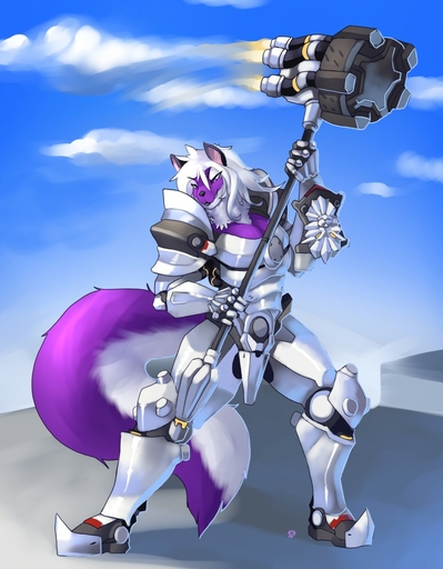 2016 anthro armor black_nose blue_sky bracers breasts canid canine canis cleavage clothed clothing cloud darenus day female fluffy fluffy_tail fur gauntlets gloves greaves hair half-closed_eyes hammer handwear hi_res long_hair machine mammal narrowed_eyes outside pauldron power_armor purple_body purple_eyes purple_fur reinhardt_(overwatch) sky smile solo teeth tools video_games weapon white_body white_fur white_hair wolf zerolativity // 998x1280 // 192.7KB