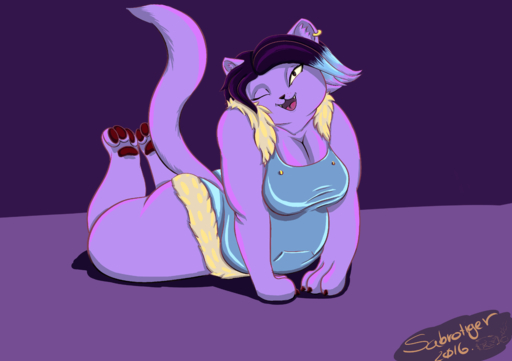 absurd_res anthro belly big_breasts big_butt breasts butt catty_(undertale) ear_piercing felid female hi_res lying mammal on_front one_eye_closed overweight overweight_anthro overweight_female paws piercing pinup pose sabrotiger simple_background solo thick_thighs video_games wink // 4299x3035 // 1.4MB