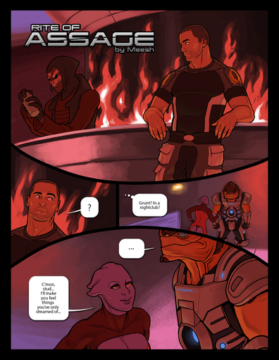 2016 alien alien_humanoid asari breasts butt cleavage clothed clothing comic commander_shepard dialogue digital_media_(artwork) english_text female group grunt_(mass_effect) hi_res human humanoid inside krogan male mammal mass_effect meesh smile speech_bubble text thought_bubble turian video_games // 1063x1375 // 1.1MB