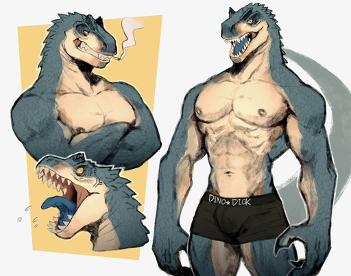 2022 absurd_res allosaurid allosaurus angry anthro biped blue_tongue bulge claws clothing cross-popping_vein digital_media_(artwork) dinosaur finger_claws green_body green_scales hi_res k0bit0wani male muscular muscular_anthro muscular_male navel nipples non-mammal_navel non-mammal_nipples open_mouth orange_eyes pecs reptile scales scalie sharp_teeth simple_background smoking tan_body tan_scales teeth theropod tongue underwear white_background yellow_background // 3200x2514 // 1.1MB