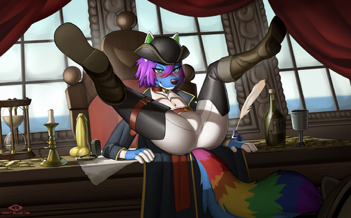 5_fingers alcohol anthro beverage blue_body blue_eyes boots bottomwear butt canid canine canis cloak clothing codyblue-731 day detailed_background dildo domestic_dog fingers footwear fur furniture hair hat headgear headwear hi_res icarus_skyhawk light looking_at_viewer male malemale mammal pants pirate purple_hair rum sex_toy ship shirt sky smile solo sunlight table topwear vehicle watercraft // 2446x1520 // 4.3MB