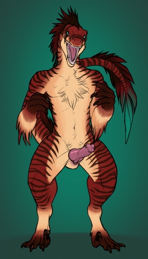 animal_genitalia animal_penis anthro blue_eyes brown_body brown_feathers chest_tuft claws dinosaur dromaeosaurid erection feathers genitals hi_res knot male nude open_mouth penis pose red_body red_feathers reptile scalie simple_background solo standing teeth theropod tongue tuft velociraptor yaroul // 735x1280 // 137.3KB