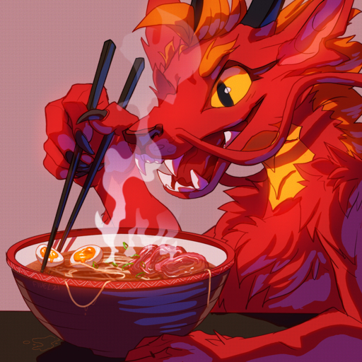 1:1 ambiguous_gender anthro asian_mythology barbel_(anatomy) chest_tuft chopsticks claws dragon east_asian_mythology eastern_dragon eating eyelashes fivel food fur furred_dragon horn mythology noodles open_mouth ramen red_body red_fur sharp_teeth simple_background smile solo steam teeth tuft yellow_eyes // 1024x1024 // 2.5MB