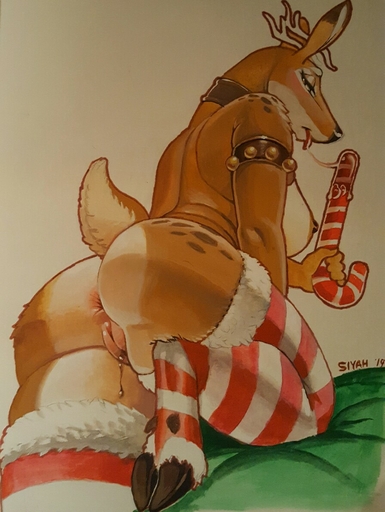 anthro antlers anus areola bed bell bodily_fluids breasts butt candy candy_cane capreoline cervid christmas clothing dessert dewclaw female food furgonomics furniture genital_fluids genitals holidays hooves horn inside legwear looking_at_viewer looking_back mammal portrait pussy pussy_juice raised_leg rear_view reindeer saliva siyah slightly_chubby solo stockings thick_thighs three-quarter_portrait tongue traditional_media_(artwork) wide_hips // 895x1190 // 188.0KB
