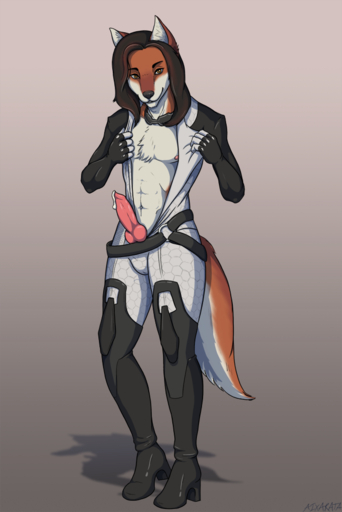 anthro bodily_fluids canid canine canis clothed clothing cosplay crossdressing crossplay cum digital_media_(artwork) erection genital_fluids genitals girly glopossum knot male mammal miranda_lawson penis sangie_nativus simple_background solo video_games wolf // 667x1000 // 438.7KB