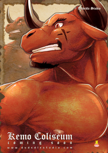 2011 amber_eyes anthro biceps bovid bovine brown_body brown_fur cattle clothed clothing darius_(kemo_coliseum) dudedle english_text facial_hair fur horn male mammal muscular muscular_anthro muscular_male nipples null-ghost pecs pose scar solo text topless vein video_games // 424x600 // 152.4KB