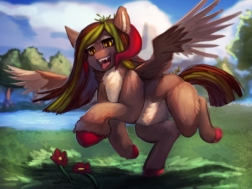 4:3 amber_eyes brown_body brown_fur day equid equine feathered_wings feathers female feral fur general-irrelevant hooves horse mammal on_one_leg open_mouth outside pegasus plant smile standing tongue tongue_out tree water wings // 1440x1080 // 816.5KB