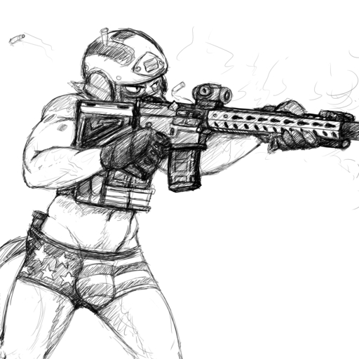 1:1 aiming anthro armor black_and_white bulge clothing flag_underwear gun headgear helmet hi_res hladilnik holding_gun holding_object holding_weapon male monochrome ranged_weapon rifle shell_(projectile) solo stars_and_stripes underwear united_states_of_america unknown_species weapon // 1280x1280 // 1.2MB