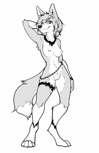 2019 anthro breasts canid canine female fox genitals greyscale hand_behind_head hi_res looking_at_viewer mammal monochrome nipple_piercing nipples nude piercing pussy ruaidri smile solo standing syandene // 832x1280 // 90.1KB