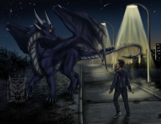2019 claws clothed clothing detailed_background digital_media_(artwork) dragon drerika duo feral grass horn human mammal membrane_(anatomy) membranous_wings night open_mouth outside plant scales scalie sky spines standing star starry_sky teeth western_dragon wings // 1280x984 // 1.3MB
