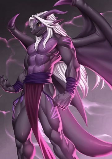 absurd_res alanscampos anthro athletic black_body black_scales bottomwear claws clothed clothing countershading dragon hair hi_res horn loincloth looking_at_viewer male muscular muscular_anthro muscular_male partially_clothed purple_body purple_scales scales solo standing vein white_hair wings // 2893x4092 // 11MB