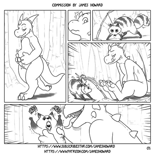 abdominal_bulge comic english_text feral forest hi_res james_howard kobold male male_pred mammal plant procyonid raccoon reptile scalie text trap_(contrivance) tree url venter_laetus vore // 1821x1809 // 1.0MB