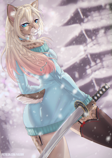 2019 anthro blonde_hair blue_eyes braided_hair butt butt_pose clothed clothing detailed_background digital_media_(artwork) domestic_cat felid feline felis female hair haurin hauringu holding_object holding_sword holding_weapon katana legwear mammal melee_weapon pink_hair pose smile solo standing sweater sword thigh_highs topwear weapon // 642x900 // 1009.9KB