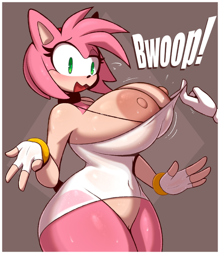 amy_rose anthro areola big_areola big_breasts blush bodily_fluids breast_out breasts clothed clothing dress english_text eulipotyphlan female female_focus fingerless_gloves genitals gloves handwear hedgehog hi_res huge_breasts ineffective_clothing mammal navel nipples offscreen_character onomatopeia pussy r-mk short_stack skimpy skimpy_dress solo sweat sweaty_breasts text translucent translucent_clothing undressing undressing_another // 1537x1780 // 1.1MB
