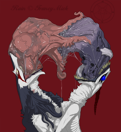 <3 ambiguous_gender blue_eyes bodily_fluids body_horror chimera_synx drooling duo gastric_prolapse hyper_prolapse kissing mammal monster nightmare_fuel oral_prolapse organs prolapse rain_silves red_background saliva sergal simple_background stomach synx tongue vore what where_is_your_god_now // 826x900 // 400.5KB