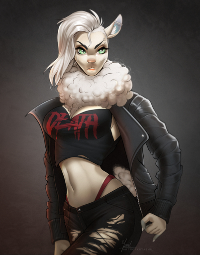 2019 anthro bovid breasts caprine clothed clothing digital_media_(artwork) eyebrows eyelashes female green_eyes hi_res mammal midriff navel sheep shirt simple_background solo standing text text_on_clothing text_on_shirt text_on_topwear topwear yasmil // 1000x1273 // 1.6MB