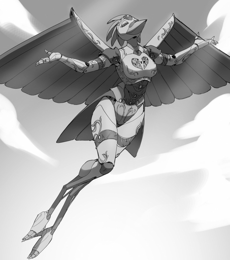 2019 4_toes 5_fingers alanscampos android anthro art_nouveau avian breasts canid canine canis cloudscape feet female fingers half-closed_eyes hi_res machine mammal monochrome narrowed_eyes non-mammal_breasts philomela_smithwrought robot sky solo toes wings wolf // 1133x1280 // 156.4KB
