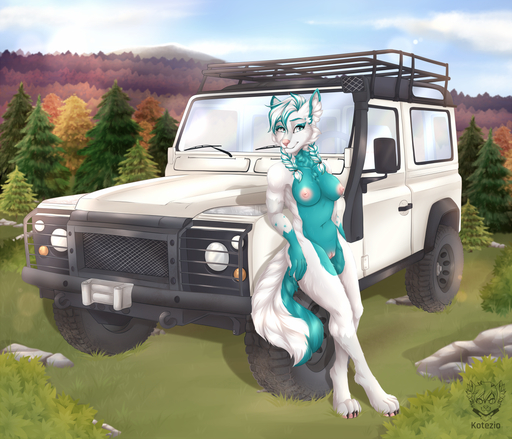 ahdrii anthro blue_eyes braided_hair breasts canid canine canis car digital_media_(artwork) female full-length_portrait fur genitals hair kotezio looking_at_viewer mammal medium_truck multicolored_body nipples nude outside portrait pussy smile solo standing truck_(vehicle) vehicle wolf // 1250x1071 // 1.3MB