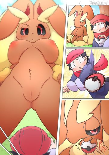 anthro big_breasts breasts brown_body brown_fur female fur genitals hi_res hinata_sakamoto human larger_anthro larger_female lopunny male mammal pokemon_(species) pussy size_difference smaller_human smaller_male video_games // 1062x1505 // 1.1MB