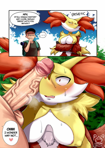 anon anthro balls big_breasts big_penis blush bodily_fluids breasts canid castagno cleavage clothed clothing crossed_arms cute_fangs delphox duo english_text female first_person_view genitals grass hi_res human human_on_anthro inner_ear_fluff instant_loss_2koma interspecies male malefemale male_on_anthro mammal nintendo nipple_outline open_mouth penis penis_on_face plant pokemon pokemon_(species) pokephilia sweat text tuft vein veiny_penis video_games // 904x1280 // 326.5KB