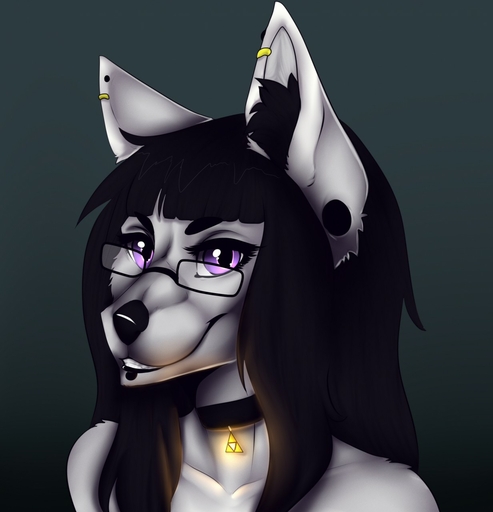 anthro black_hair canid canine canis catherinemeow eyewear female fur glasses grey_body grey_fur hair hi_res mammal open_mouth open_smile purple_eyes simple_background smile solo teeth wolf // 1232x1280 // 124KB