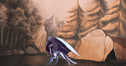 claws day detailed_background dragon forest hagallaz hair hi_res horn membrane_(anatomy) membranous_wings outside partially_submerged plant purple_hair scalie sky tree water western_dragon wings // 3000x1582 // 6.1MB