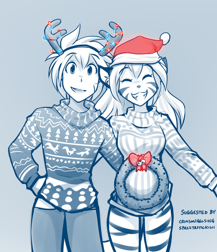 anthro antlers blue_background bottomless bottomwear christmas christmas_clothing christmas_headwear christmas_lights christmas_wreath clothed clothing conditional_dnp duo eyes eyes_closed fake_antlers felid female flora_(twokinds) fur gradient_background grin hand_behind_back hat headgear headwear hi_res holidays horn human keidran looking_at_viewer male mammal open_mouth open_smile pantherine pants portrait pregnant restricted_palette santa_hat simple_background sketch smile striped_body striped_fur stripes three-quarter_portrait tiger tom_fischbach trace_legacy twokinds ugly_sweater webcomic wreath // 1069x1239 // 1.2MB