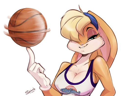 2018 accessory anthro ball basketball basketball_(ball) big_breasts blonde_hair bra breasts buckteeth cleavage clothed clothing female floppy_ears gloves hair hair_accessory hair_over_eye hairband handwear hi_res lagomorph leporid lola_bunny looking_at_viewer mammal one_eye_obstructed rabbit shirt short_hair simple_background smile solo spirale tank_top teeth text text_on_clothing text_on_shirt text_on_topwear topwear underwear white_background // 1900x1462 // 865.8KB