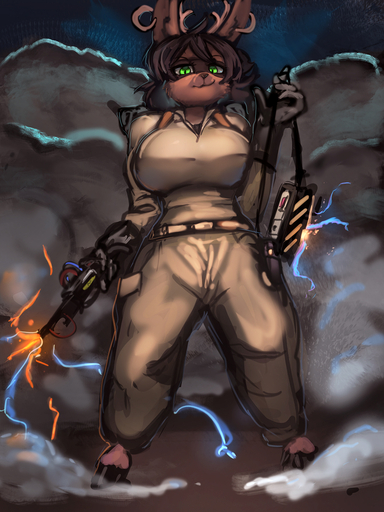 2022 anthro bottomwear breasts brown_body brown_fur cervid clothing electricity equipment female fur general-irrelevant green_eyes hair hi_res mammal pants smoke solo // 1080x1440 // 754.7KB