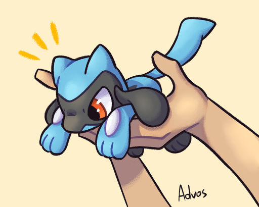 3_fingers advos ambiguous_gender anthro blue_body blue_ears blue_tail carrying carrying_another disembodied_hand duo fingers hi_res humanoid_hands looking_down orange_eyes pokemon_(species) riolu signature simple_background spikes video_games // 2000x1600 // 1.2MB