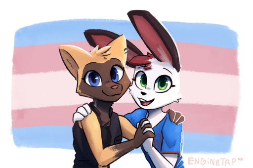 2022 anthro brown_body brown_fur digital_media_(artwork) duo ear_piercing ear_ring elote_(enginetrap) enginetrap faye_(sloppy) female fur gloves_(marking) hand_holding head_tuft hi_res lagomorph leporid lgbt_pride looking_at_viewer mammal markings mustelid open_mouth open_smile piercing pride_colors rabbit ring_piercing signature smile transgender_pride_colors tuft white_body white_fur yellow_body yellow_fur // 1913x1269 // 2.0MB