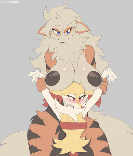 2022 anthro arcanine areola big_breasts biped black_areola black_nipples blue_eyes blush braixen breast_size_difference breasts cooliehigh duo female generation_1_pokemon generation_6_pokemon glistening glistening_breasts hi_res holding_arms huge_breasts larger_female nipples orange_body pokemon_(species) red_eyes simple_background size_difference smaller_female snout video_games white_body // 1087x1280 // 162.9KB