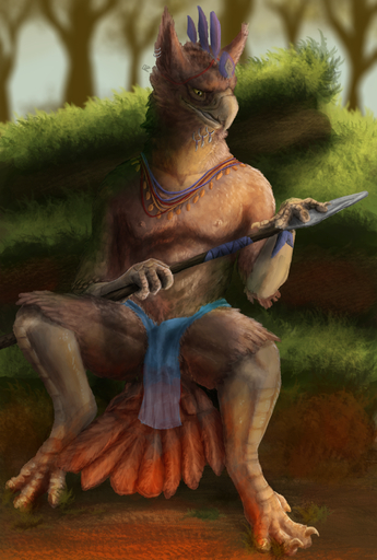 2018 4_fingers 4_toes anthro avian balls balls_slip beak biped black_eyes blue_bottomwear blue_clothing blurred_background bottomwear brown_balls brown_body brown_feathers brown_nipples claws clothed clothing day digital_media_(artwork) ear_piercing falcrus feathers feet fingers forest genitals grass headdress hi_res holding_object holding_weapon jewelry logo loincloth looking_down male melee_weapon necklace nipples open_beak open_mouth open_smile outside piercing plant polearm sharp_claws sitting smile solo spear spread_legs spreading tail_feathers talons toe_claws toes topless translucent translucent_clothing tree tribal weapon white_beak white_claws yellow_sclera // 1349x2000 // 2.7MB