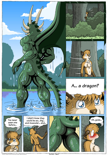 2015 anthro biceps blush bottomwear butt canid canine claws clothing comic detailed_background dialogue dragon duo english_text farin forest fox geminisaint hi_res hiding horn loincloth male mammal membrane_(anatomy) membranous_wings muscular nature nude partially_submerged plant rear_view river scalie sekk'ral spines text tree tribal vein water wet wide_eyed wings // 896x1280 // 474.4KB