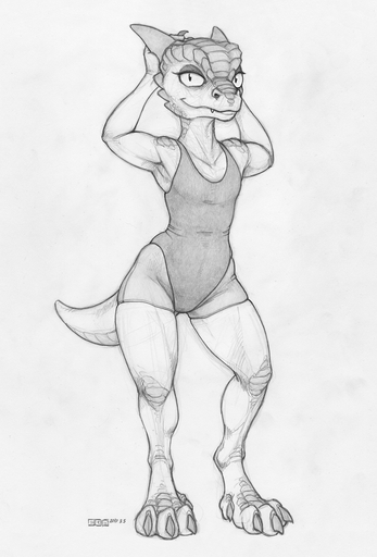 2017 anthro clothed clothing digitigrade ecmajor female flat_chested hi_res horn kobold leotard looking_at_viewer monochrome scalie simple_background solo // 958x1414 // 1.0MB