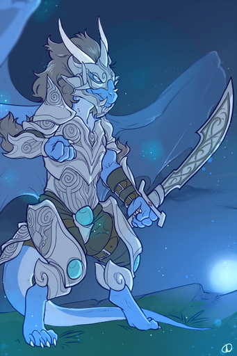 2:3 armor blue_body blue_theme dragon holding_object holding_sword holding_weapon horn male markings melee_weapon membrane_(anatomy) membranous_wings patto scalie solo sword tabra weapon western_dragon white_horn wings // 500x750 // 506.0KB