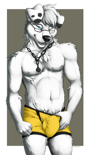 anthro athletic athletic_anthro athletic_male bedroom_eyes boxers_(clothing) bulge canid canine canis chain chest_tuft clothed clothing domestic_dog eyewear floppy_ears front_view fur genital_outline glasses hair half-closed_eyes heterochromia hi_res jewelry looking_at_viewer male mammal narrowed_eyes naughty_face navel neck_tuft necklace nipples open_mouth penis_outline seductive smile solo teasing topless truegrave9 tuft underwear white_body white_fur // 700x1206 // 322.7KB