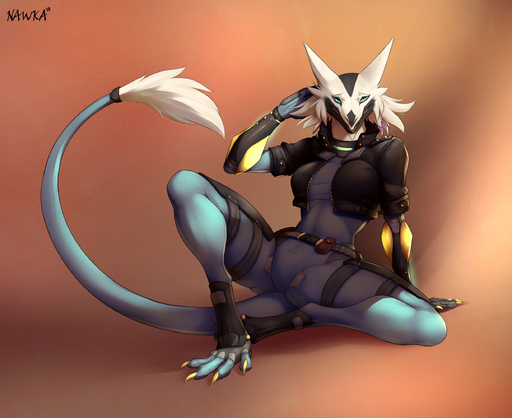 2018 anthro belt biped breasts cheek_tuft claws clothed clothing digital_media_(artwork) facial_tuft female hand_behind_head hi_res jacket looking_at_viewer nawka sergal simple_background sitting solo spread_legs spreading tail_tuft teal_eyes toe_claws topwear tuft // 2450x2000 // 794.3KB