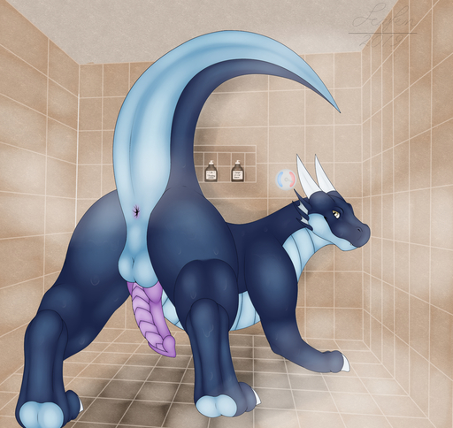 2019 animal_genitalia animal_only anus ass balls big_butt claws digital_media_(artwork) dragon erection feral hi_res knot looking_at_viewer looking_back lube male male_only mammal paws penis presenting presenting_hindquarters raised_tail reptile scafen_(artist) scafen_(character) scalie shampoo shower smile solo steam teeth thick_thighs water wet // 1534x1451 // 1.8MB