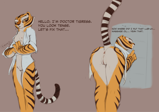 2018 absurd_res anthro anus bent_over bottomless breasts butt clothed clothing dialogue english_text felid female fur genitals greeting hi_res looking_at_viewer looking_back mammal master_tigress open_clothing open_shirt open_topwear pantherine presenting presenting_hindquarters pussy red_eyes sabrotiger shirt simple_background small_breasts solo striped_body striped_fur stripes talking_to_viewer text tiger topwear yellow_sclera // 4299x3035 // 4.0MB